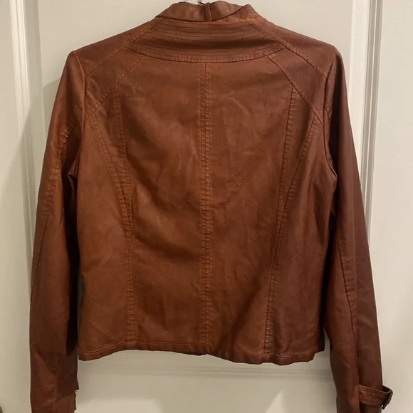 ana Faux Brown Leather Jacket Size Medium Moto Zipper - Picture 2 of 12